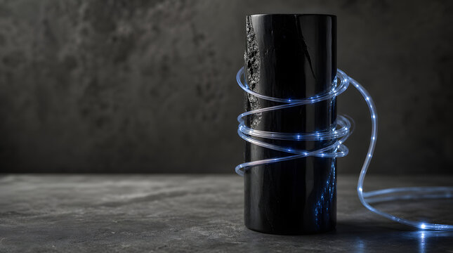 A single glowing optical fiber strand wrapped around a dark cylinder
