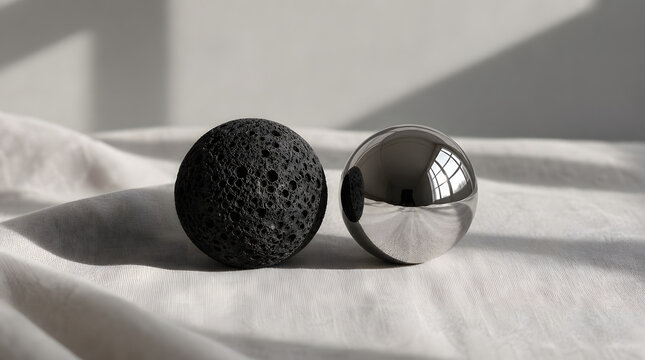 Rough black lava stone sphere next to a polished metal ball