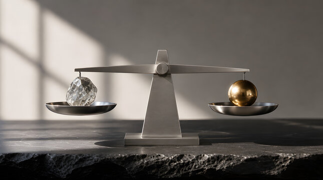 Minimalist balance scale with diamond and gold sphere on brushed titanium
