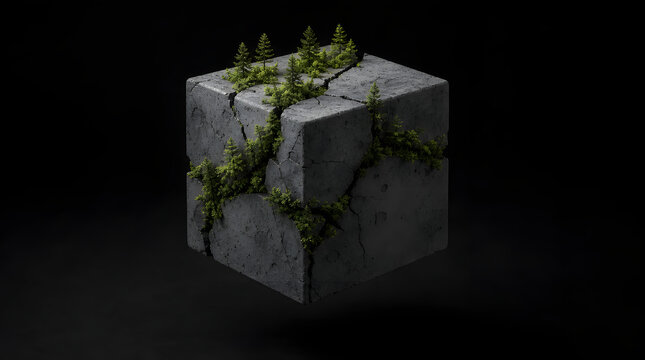 Surreal concrete cube with small trees growing from cracks
