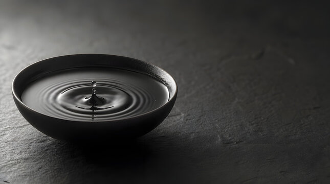 Single water drop creates ripples in a dark bowl on a textured surface