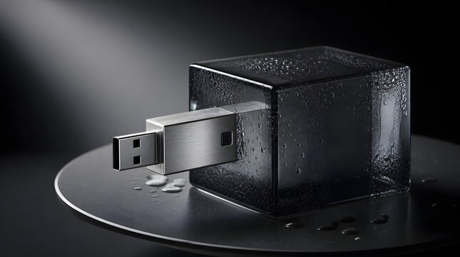 Sleek brushed steel USB security key inserted into a dark, wet cube