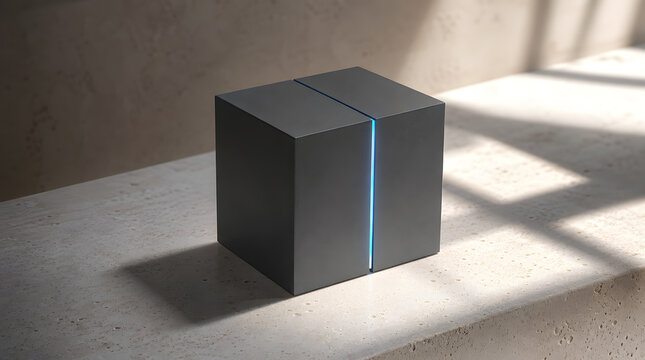 Minimalist dark grey ceramic cube with subtle blue light accent on textured surface