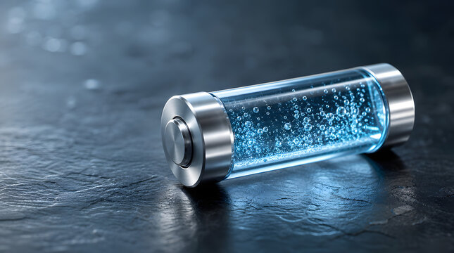 Conceptual glass battery cylinder filled with blue liquid and bubbles on dark surface