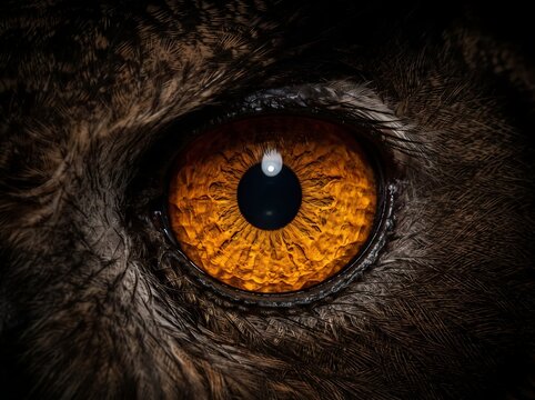 Extreme closeup of an owls vibrant orange eye showing intricate details of feathers