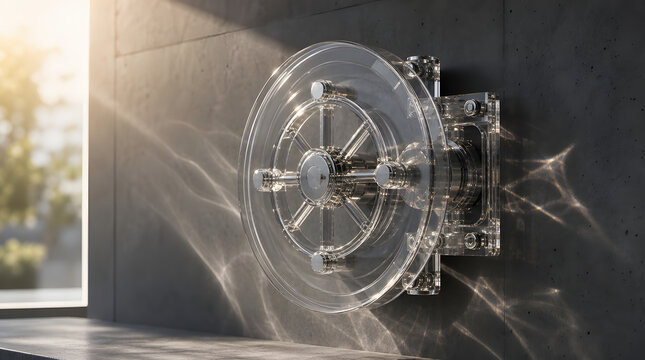Transparent glass vault door wheel with chrome accents and sunlight reflections