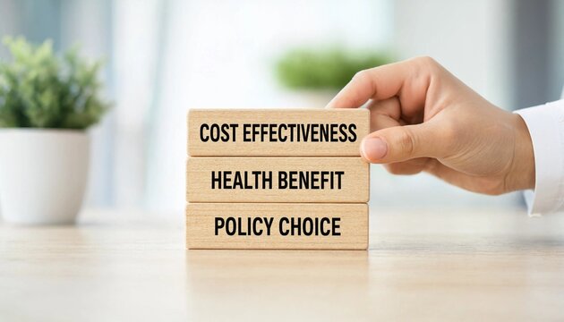 Hand placing wooden blocks representing cost effectiveness health benefit and policy choice on a light surface