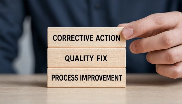 Hand pointing at wooden blocks labeled corrective action quality fix and process improvement on desk