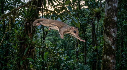 Obraz premium Flying squirrel gliding through a lush tropical rainforest in natural light