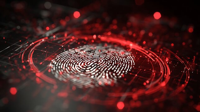 Red glowing abstract spiral pattern on dark reflective surface with scattered light dots