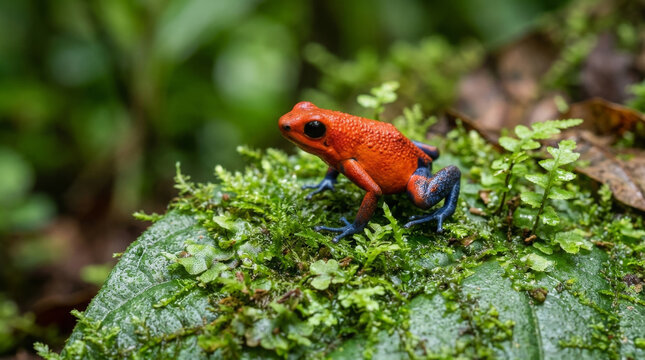 Small red frog sitting on a green mossy leaf in a tropical rainforest setting