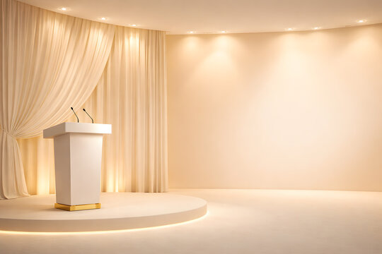 Elegant White Speaker Podium with Microphones on Round Stage with Cream Curtain Backdrop