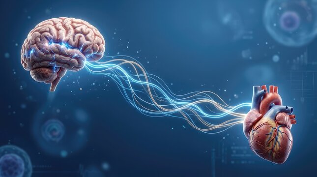 Brain with glowing electrical activity connected to anatomical heart on medical background