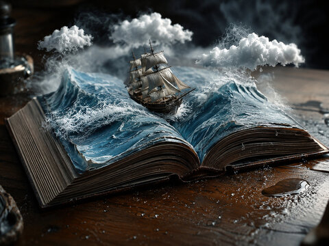 Creative concept of fantasy ship sailing on paper ocean waves inside open book
