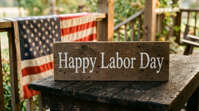 Happy Labor Day wooden sign. Patriotic holiday decor with American flag on a porch.