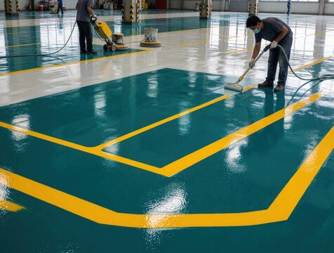 Worker applies green epoxy paint on industrial floor with roller. Pro painter maintains warehouse surface. Man uses industrial polishing machine to smooth concrete ground. Team renovates factory