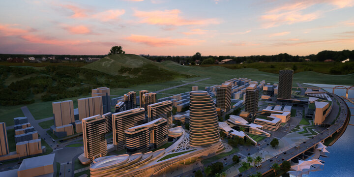 Modern buildings in the city at sunset, 3d rendering. Shopping Mall.