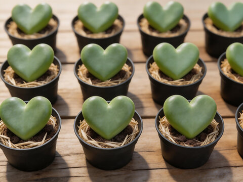 Heartshaped succulents in pots