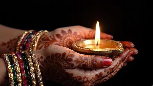Close up of hands adorned with mehndi and bangles holding a lit diya lamp for diwali festival