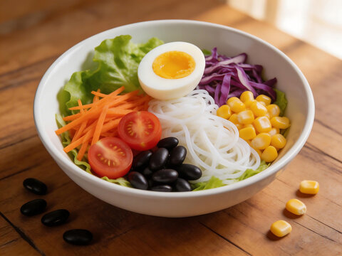 Bowl of Noodles with Vegetables and Egg