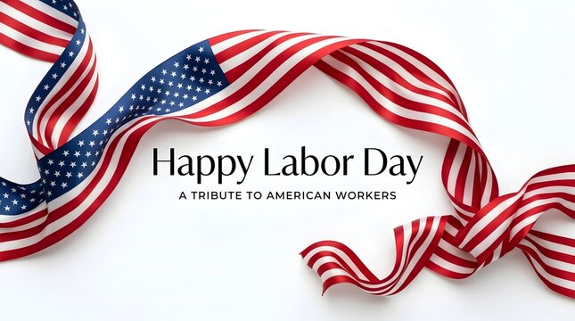Happy Labor Day greeting card. American flag ribbon on white background.