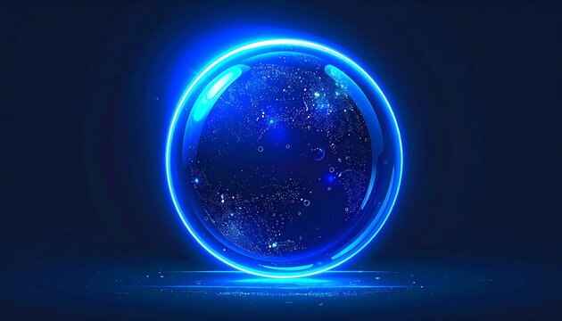 Abstract digital sphere with glowing blue energy patterns.