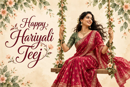 Happy hariyali teej joyful indian woman in red sari riding decorated garden swing while celebrating kajari teej traditional monsoon festivities outdoors happily