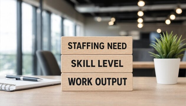 Modern office workspace displaying staffing need skill level and work output concept with wooden blocks