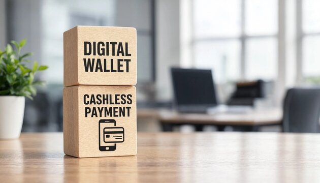 Modern office workspace showcasing digital wallet and cashless payment concept with wooden blocks and mobile payment icon