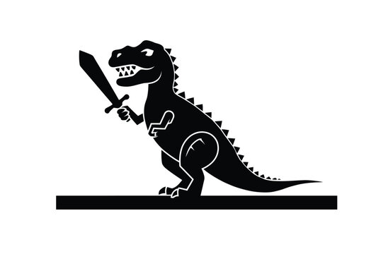 Black T-Rex Dinosaur Holding Sword Silhouette Vector Illustration with White Background.