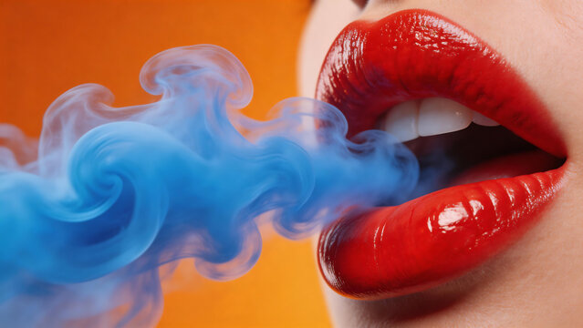 Closeup of lips exhaling blue smoke