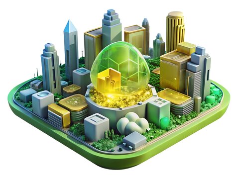 Isometric futuristic city with green dome
