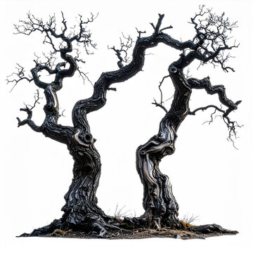 Pair of twisted leafless trees with crooked branches and rugged bark, isolated on white backdrop, dark eerie Halloween aesthetic, haunting silhouettes. Close-up.