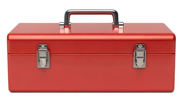 Empty bright red metal tool box with steel handle and latches isolated on white background heavy duty container hardware construction equipment maintenance industrial workshop