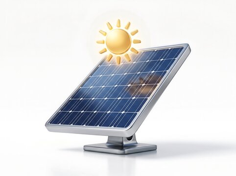 A single modern solar panel standing isolated on a white background with a bright cartoon sun icon shining above the device