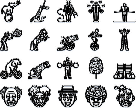 Circus event performing icons set includes various circus acts like juggling, acrobatics, animal performances, funny clowns, ringmaster, and characteristic objects, presented on a white background