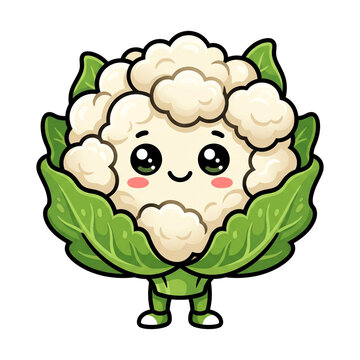 Kawaii cauliflower character smiling brightly with green leaves against a plain backdrop isolated on transparent background