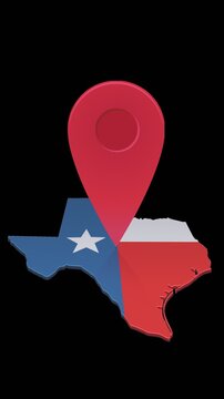 Animated location pin mark on Texas map representing travel destination, navigation, geotargeting, and logistics. Chroma key green screen with alpha channel. (loopable)