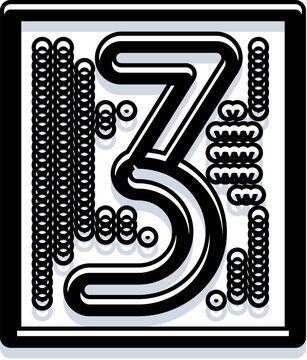 Stylized number three graphic using bold outline and subtle shadow, featuring decorative patterns of interconnected rings and abstract shapes within a rectangular frame