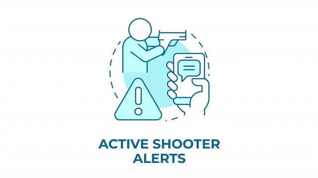 Active shooter alerts blue concept icon animation. Public safety notification system. Mobile emergency awareness. Threat detection. Cyan circular animated abstract idea. HD video with alpha channel