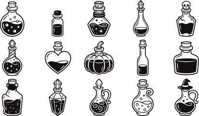 Set of hand drawn magic potion bottles for a spooky halloween vector bundle design element collection © Gazi turjo