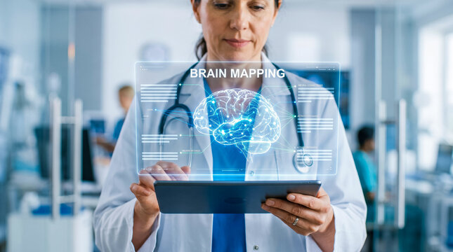 Female doctor examining holographic brain mapping on digital tablet in modern medical clinic
