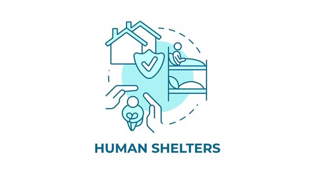 Human shelters blue concept icon animation. Temporary housing crisis solutions. Social welfare support. Public safety. Cyan circular animated abstract idea. HD video with alpha channel