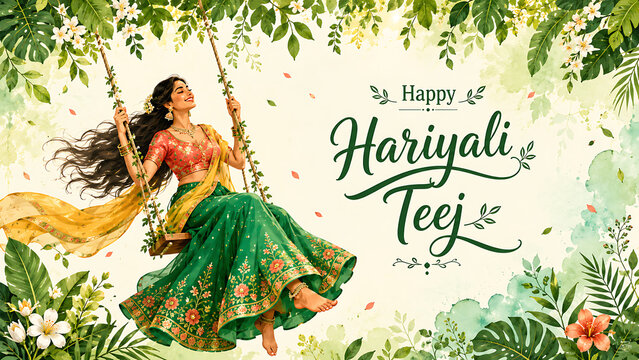 Happy hariyali teej joyful indian woman swinging beneath tropical flowers in elegant watercolor artwork celebrating kajari teej monsoon festival beauty and tradition