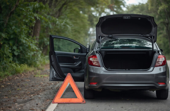 Gray car halted beside tree-lined road. Open trunk and door signal roadside breakdown. Orange triangle stands alert on asphalt. Scene suggests unexpected stop or mechanical failure