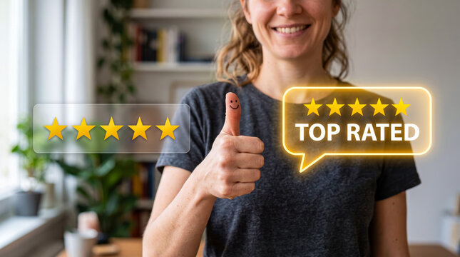 Happy woman giving thumbs up with top rated and five star review visual effects