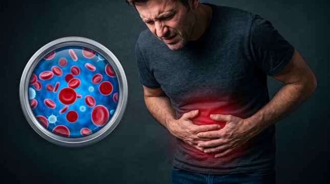 Man suffering from abdominal pain with blood cell visualization overlay indicating health issue
