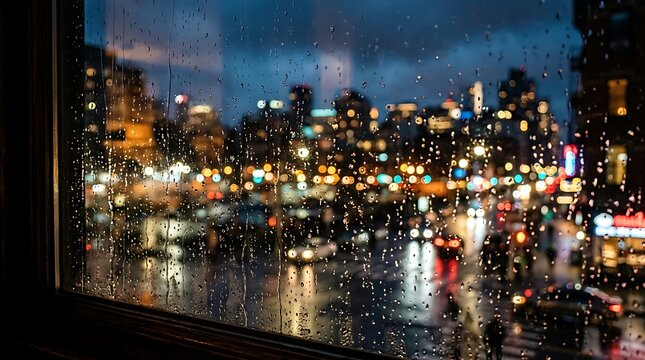 A blurred view of a vibrant city street at night seen through a rain covered window pane