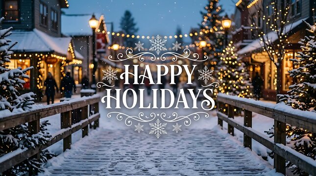 Festive snowy street scene decorated for the winter season with a happy holidays greeting overlay