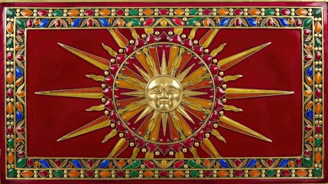 Intricate cloisonn sunburst artwork with radiant face with surrounded vibrant gemstone embellishments richly detailed multicolored border deep red background